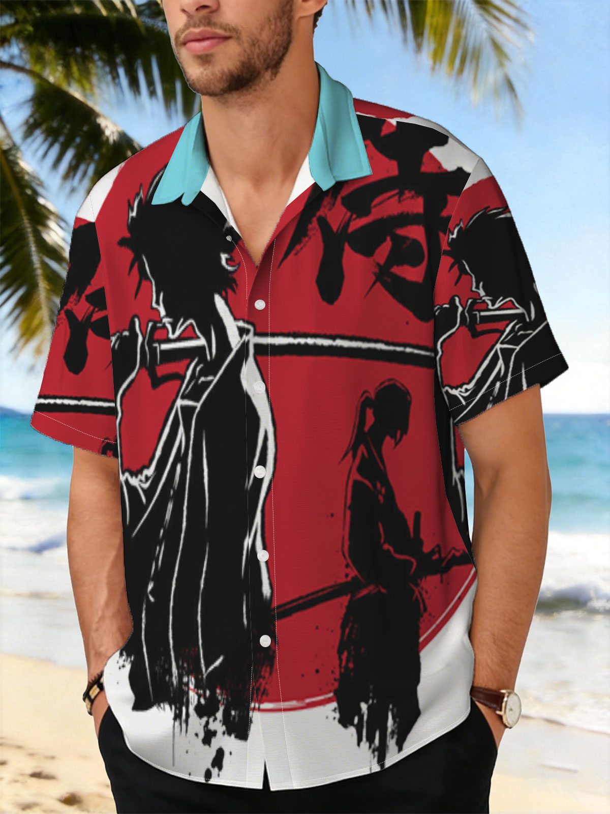 Samurai Silhouettes with Katana Against Red Moon Background -  Shirt