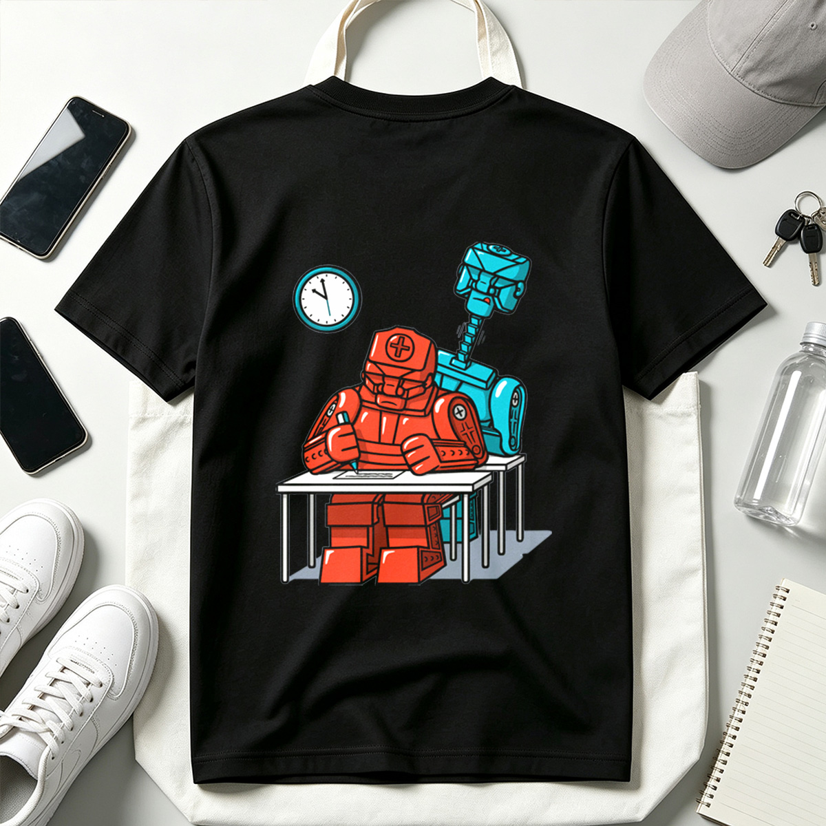 Red Robot Student at Desk with Blue Robot Friend - Tee
