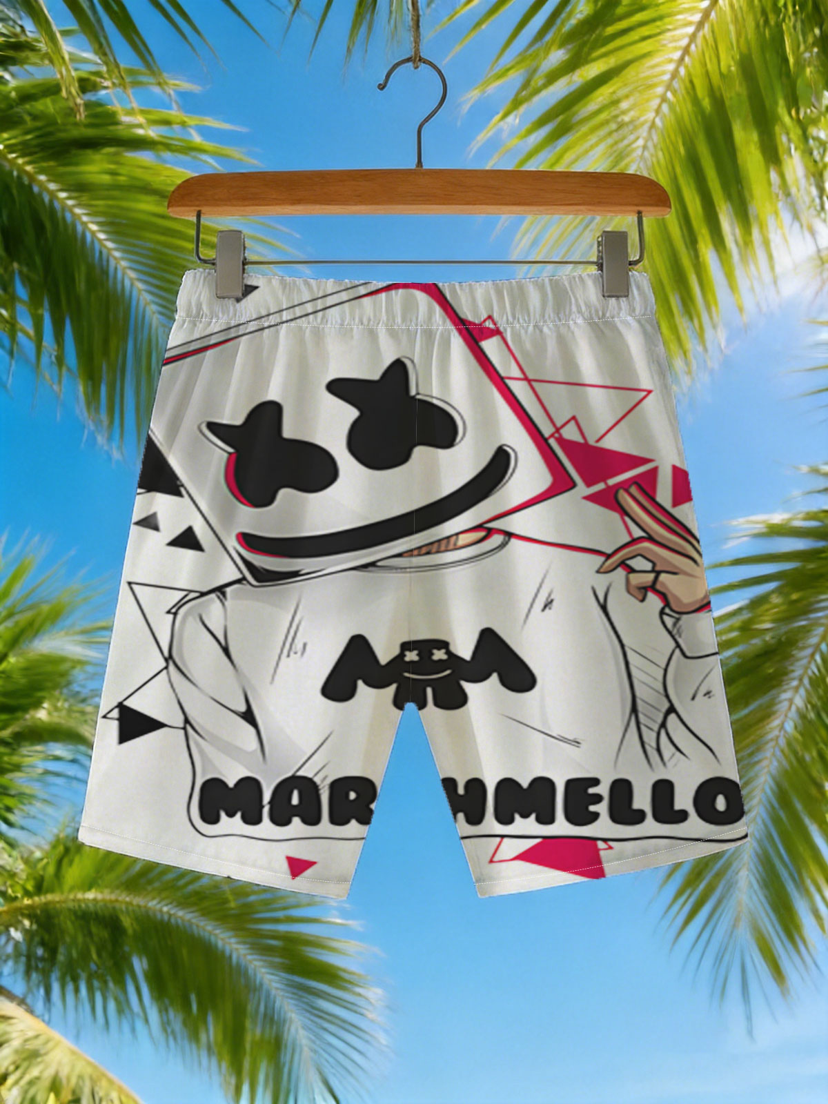 Marshmello DJ Music Artist with Iconic Helmet and Red Triangles -  Beach shorts