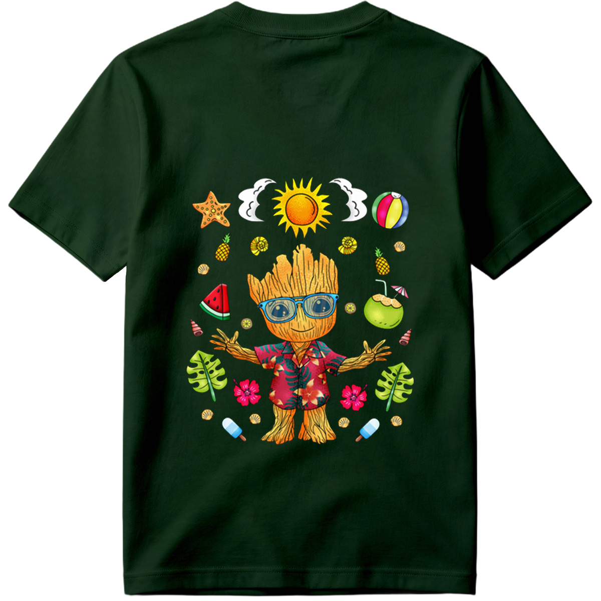 Groot in Hawaiian Shirt with Summer Elements - Tee