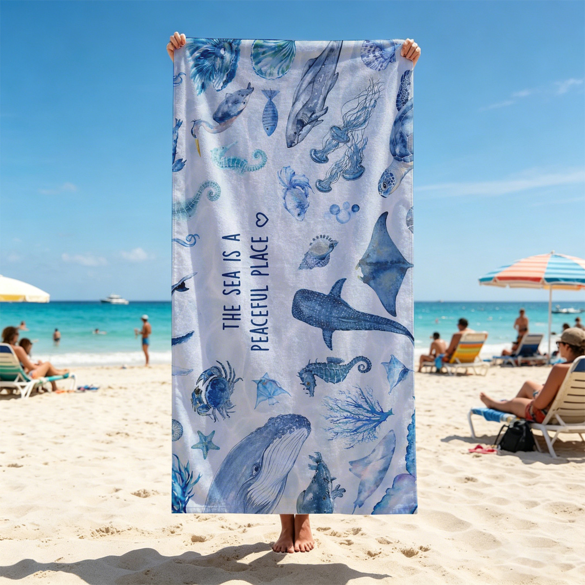 Underwater Serenity: Marine Life in Blue Hues - Beach towels