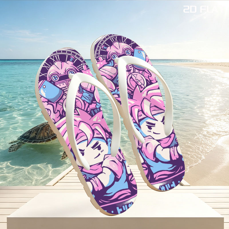 Chibi Characters in Pink and Blue with Clockwork Background -  flip-flops