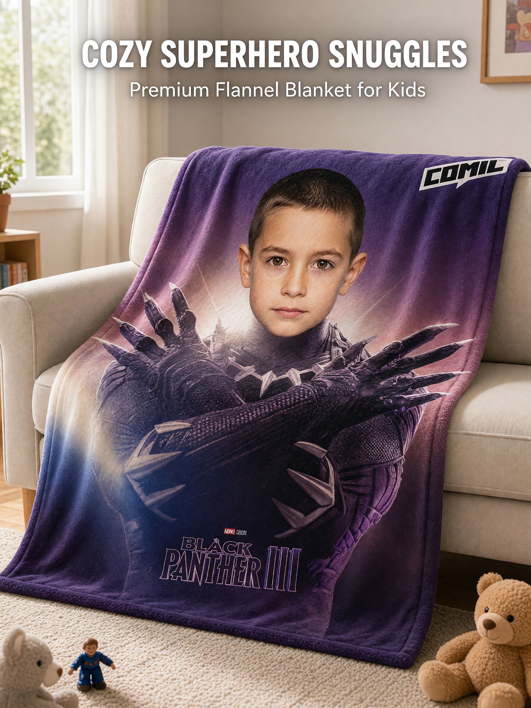 Personalized Custom Face Blanket, Superhero Comic Photo Soft Flannel Fleece Throw for Kids Boys and Couch Bed Gift