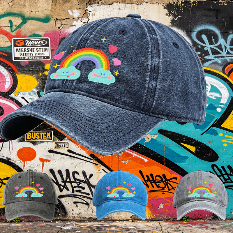 Unisex Classic Washed Cap with Rainbow Clouds and Hearts Print - Perfect for Casual Outings, Travel, and Daily Wear - Ideal for Teens and Adults Who Love Fun, Whimsical Designs
