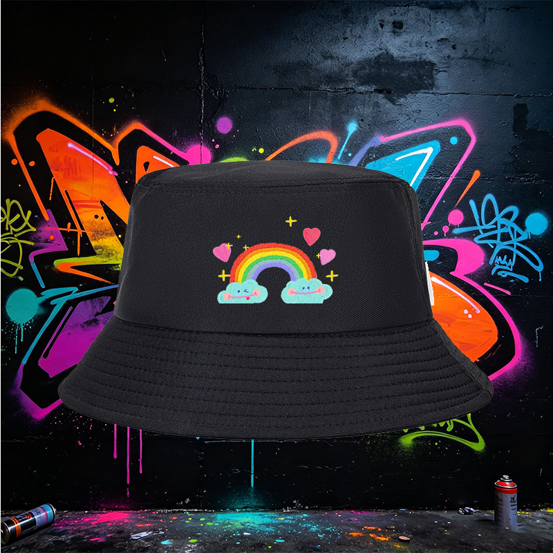 Unisex Rainbow Cloud Print Bucket Hat with Heart and Star Design - Classic Cotton Fisherman Hat for Outdoor Activities, Travel, Beach, and Daily Wear - Perfect for Youth, Teens, and Adults Seeking Fun and Stylish Sun Protection