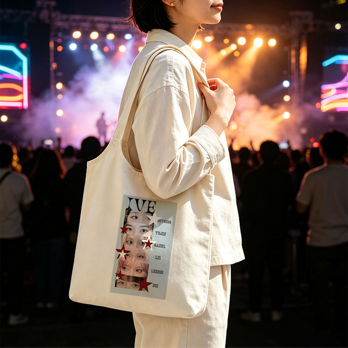 IVE Members Close-Up Eyes Portrait with Stars and Names - Canvas shoulder bags/