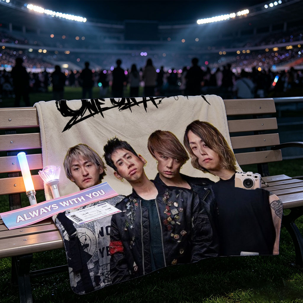 One Ok Rock Band Members Standing Together in Stylish Outfits with Logo Above - Blankets