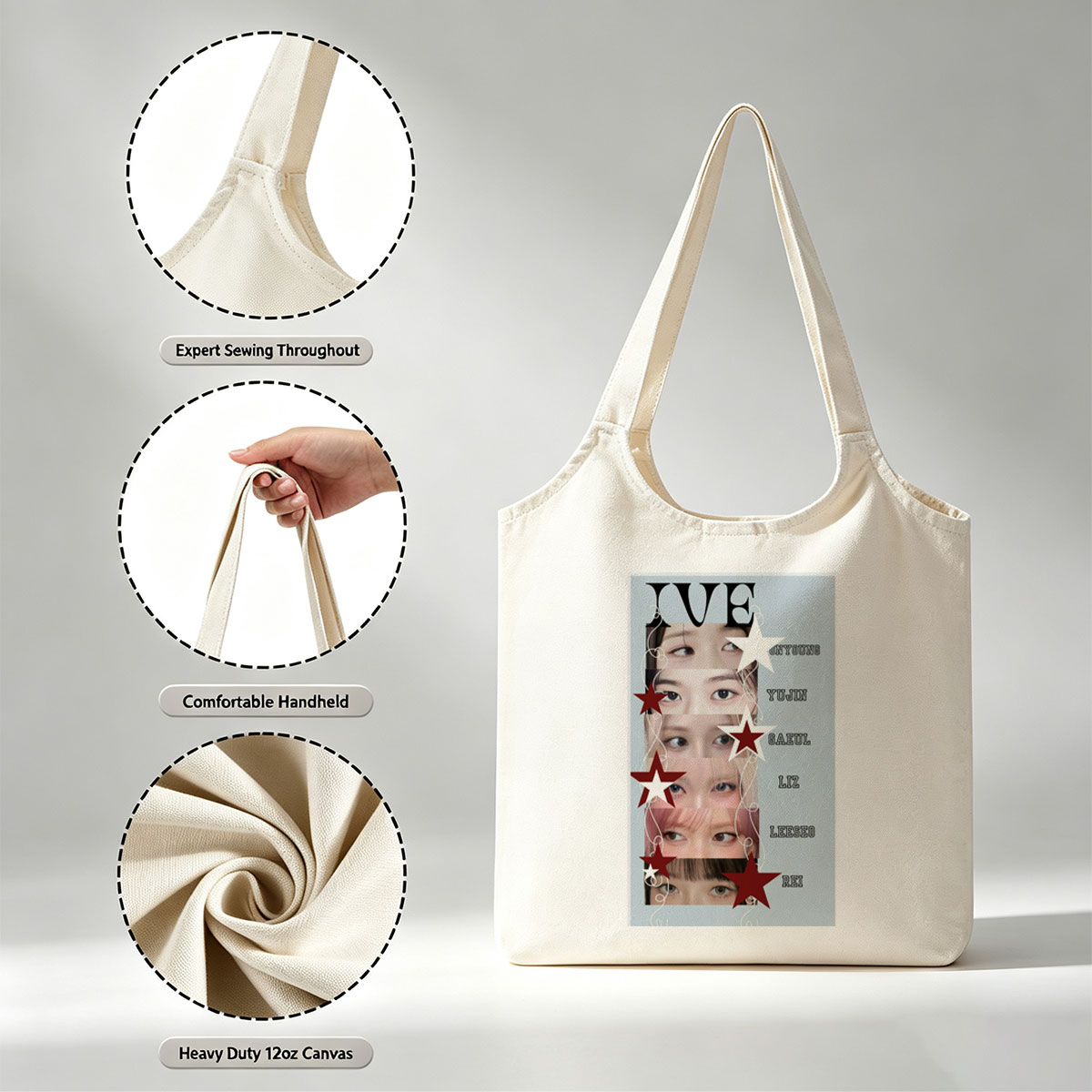 IVE Members Close-Up Eyes Portrait with Stars and Names - Canvas shoulder bags/