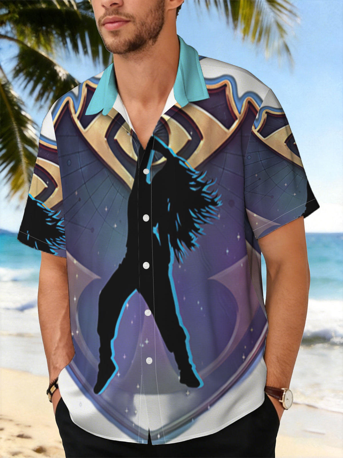 Silhouette of a dancer in front of an eye emblem, cosmic background -  Shirt