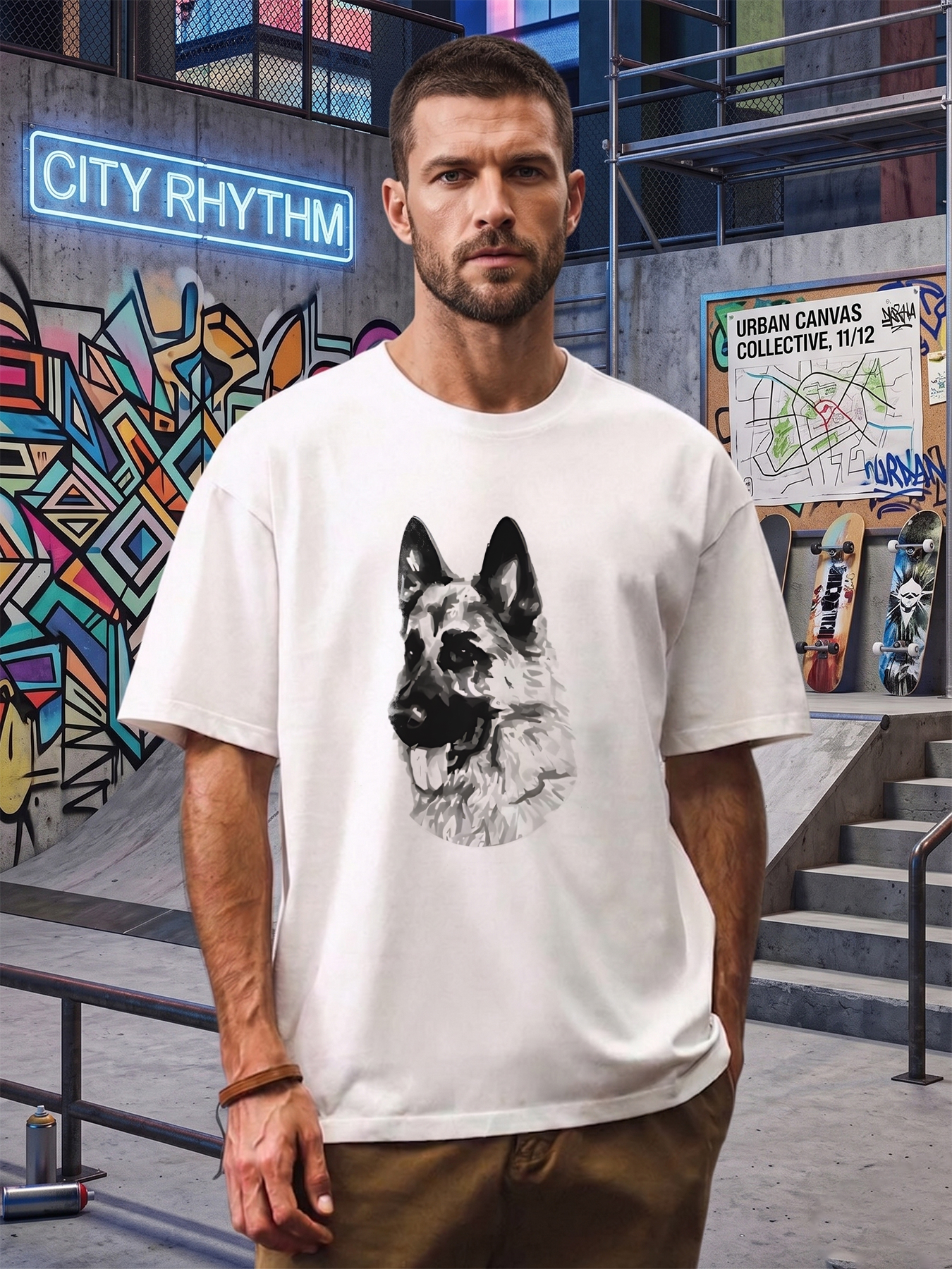 Men's Printed T-Shirt Featuring German Shepherd Dog with 