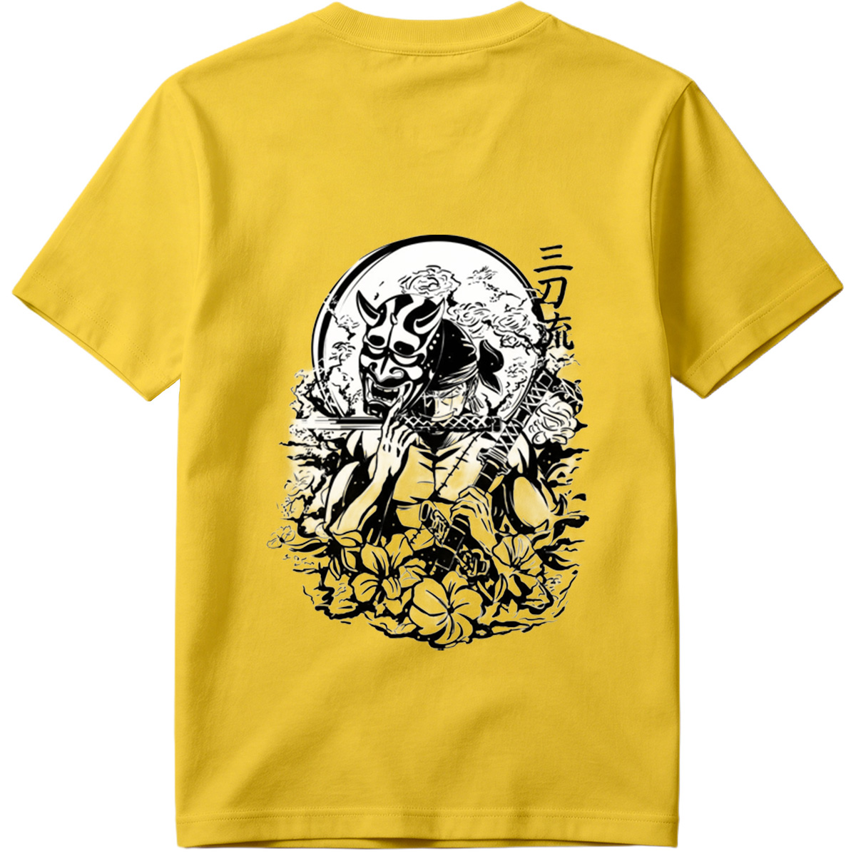 Samurai with Oni Mask and Katana in Floral Scene - Tee