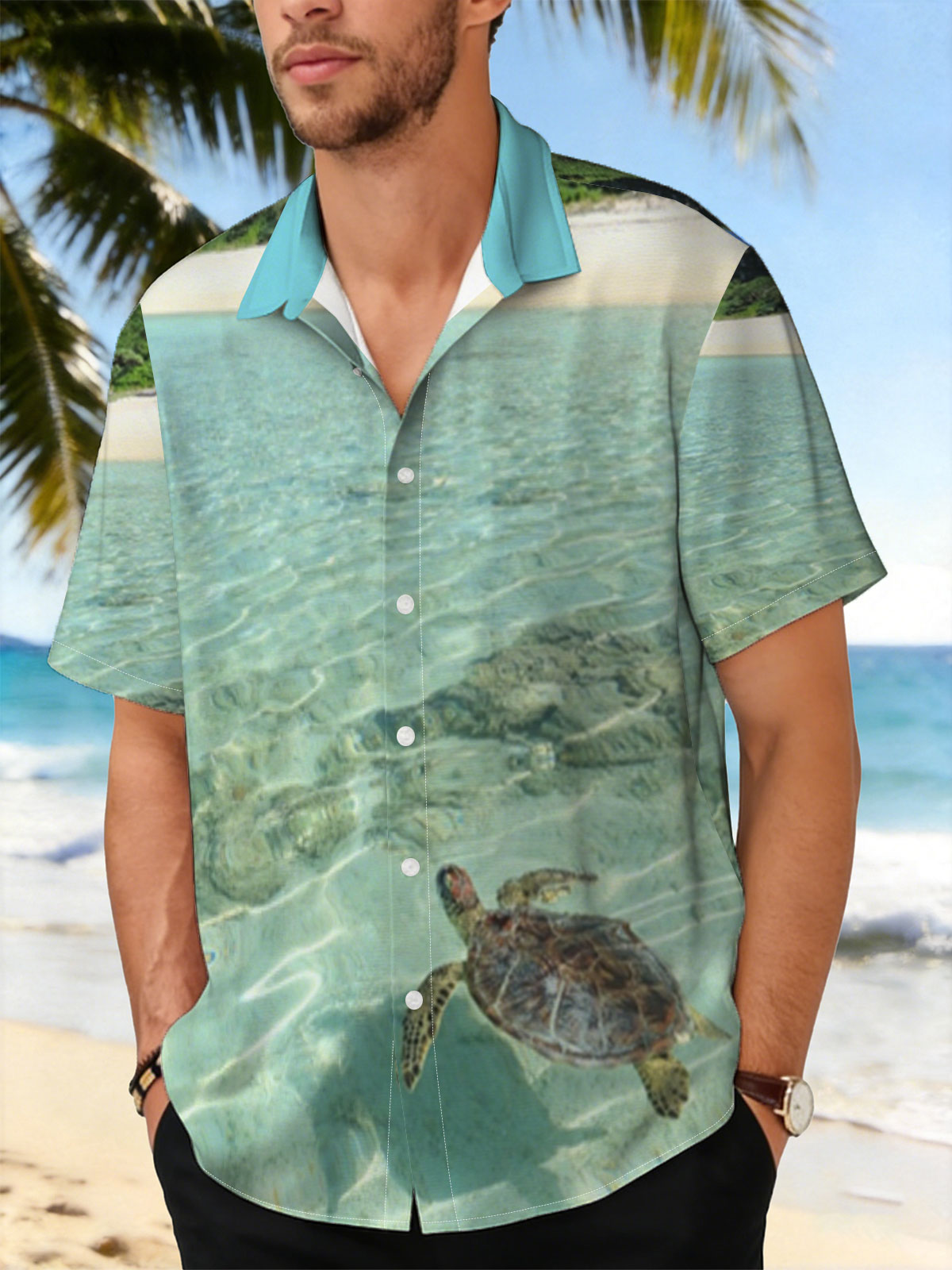 Sea Turtle Swimming in Crystal Clear Waters Near Sandy Beach -  Shirt