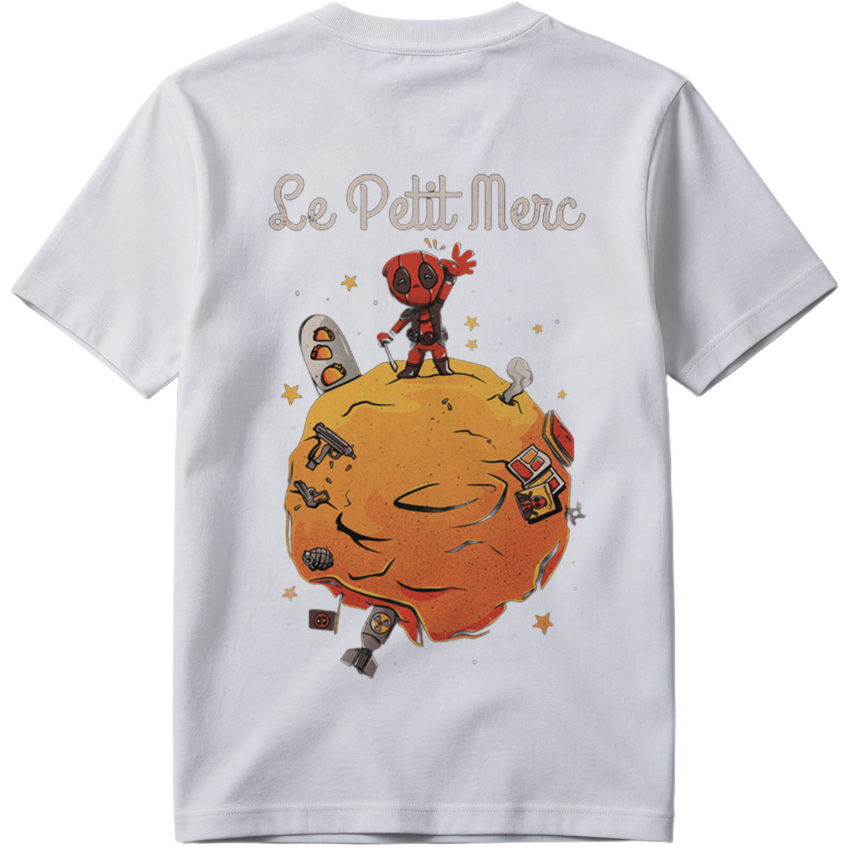 Deadpool on a Planet with Weapons and Space Items - Tee
