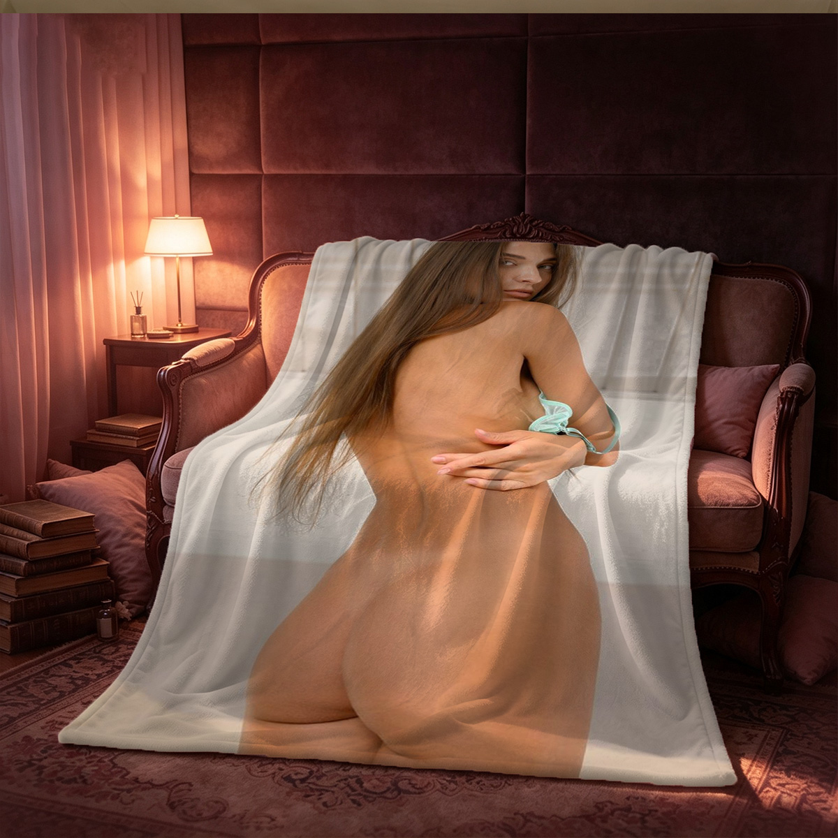 Nude Asian Woman in Black Gloves Sitting Seductively in Chair - Blanket