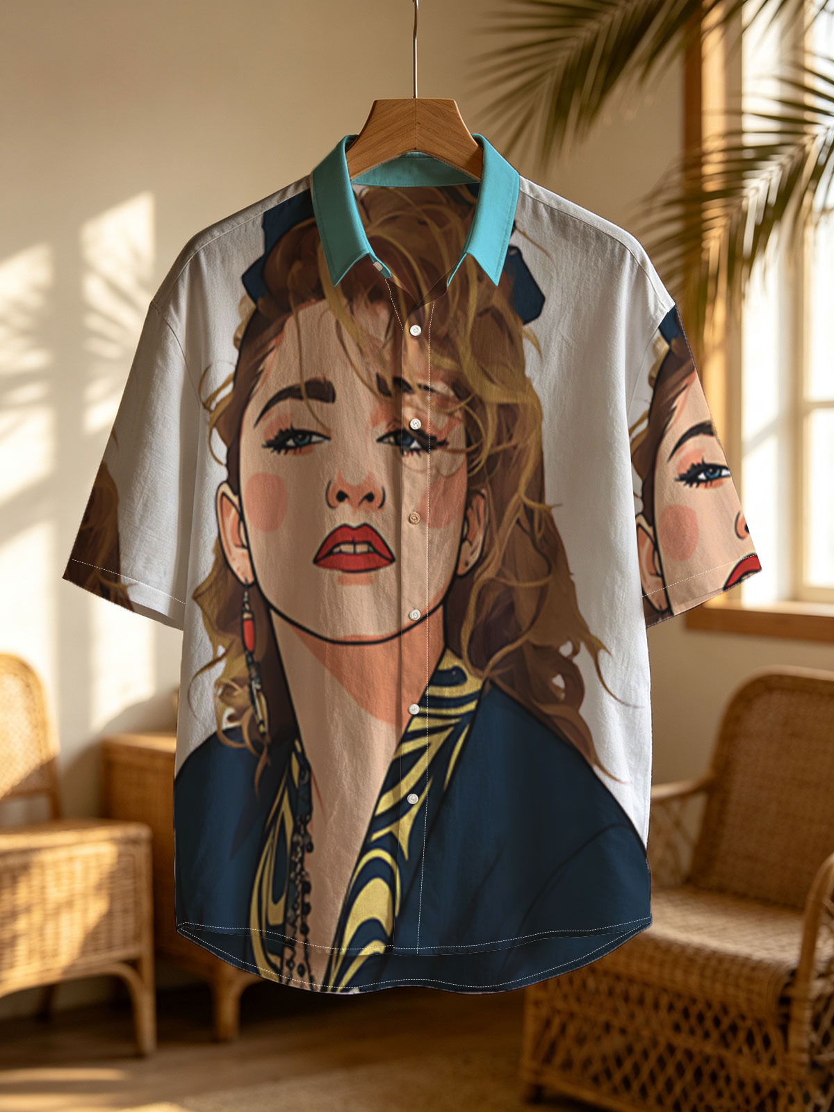 Portrait of a Woman with Blonde Hair and Blue Bow, Wearing a Navy Blue Top with Yellow Patterns -  Shirt