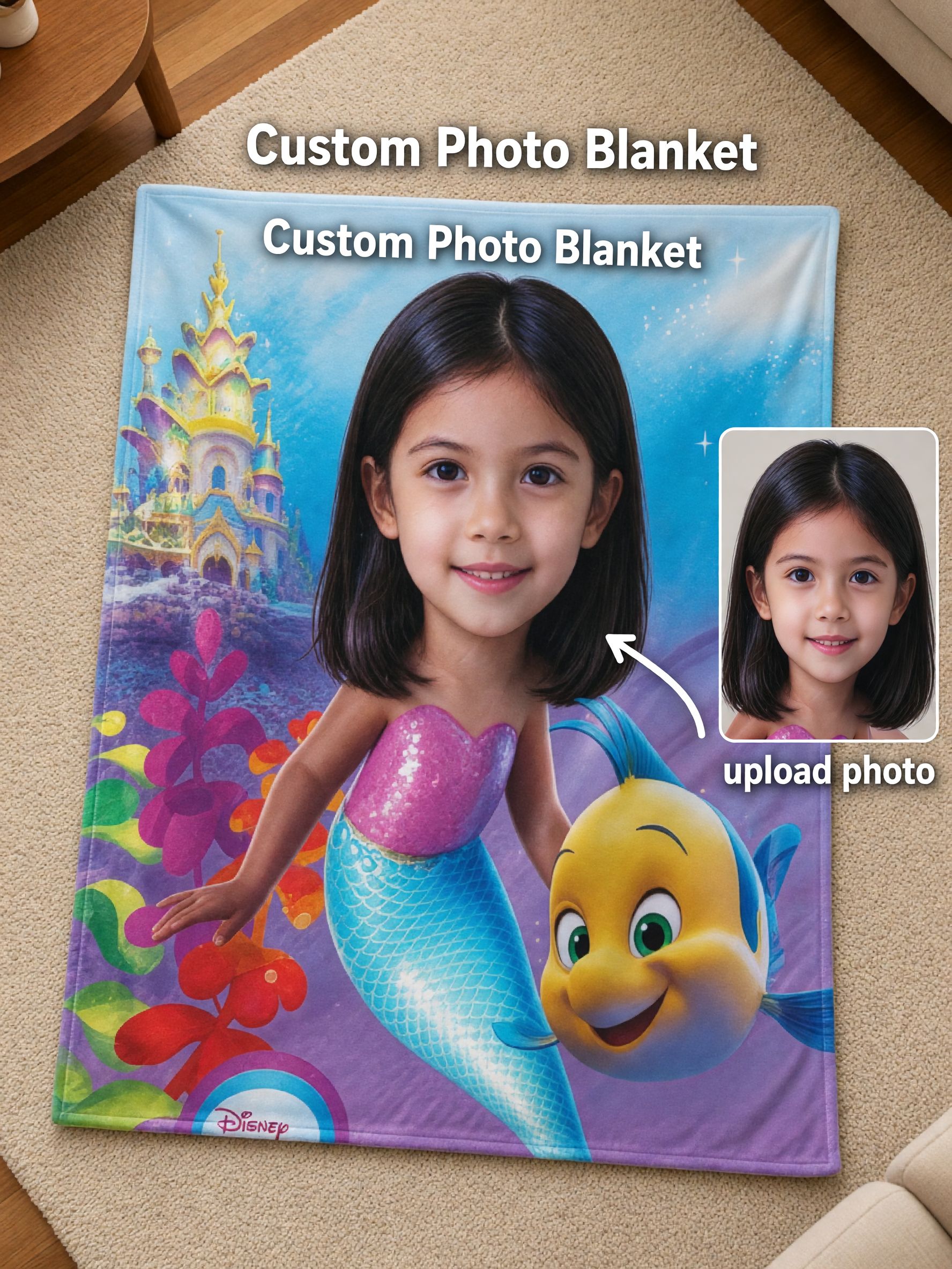 Custom Photo Face Mermaid Blanket Personalized Ultra Soft Flannel Fleece Throw Cozy Birthday Gift