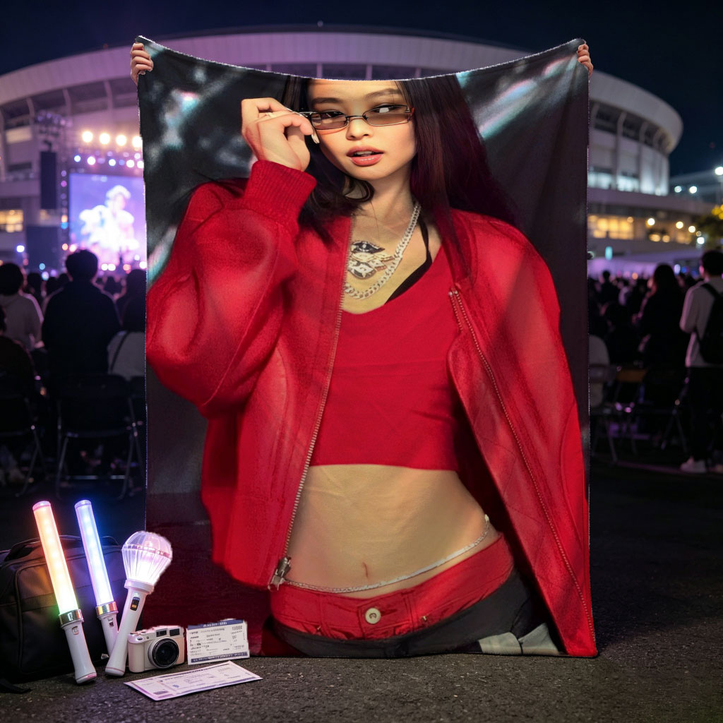 Jennie Kim in a Bold Red Outfit at a Fashion Event Wearing Glasses and Statement Jewelry - Blankets