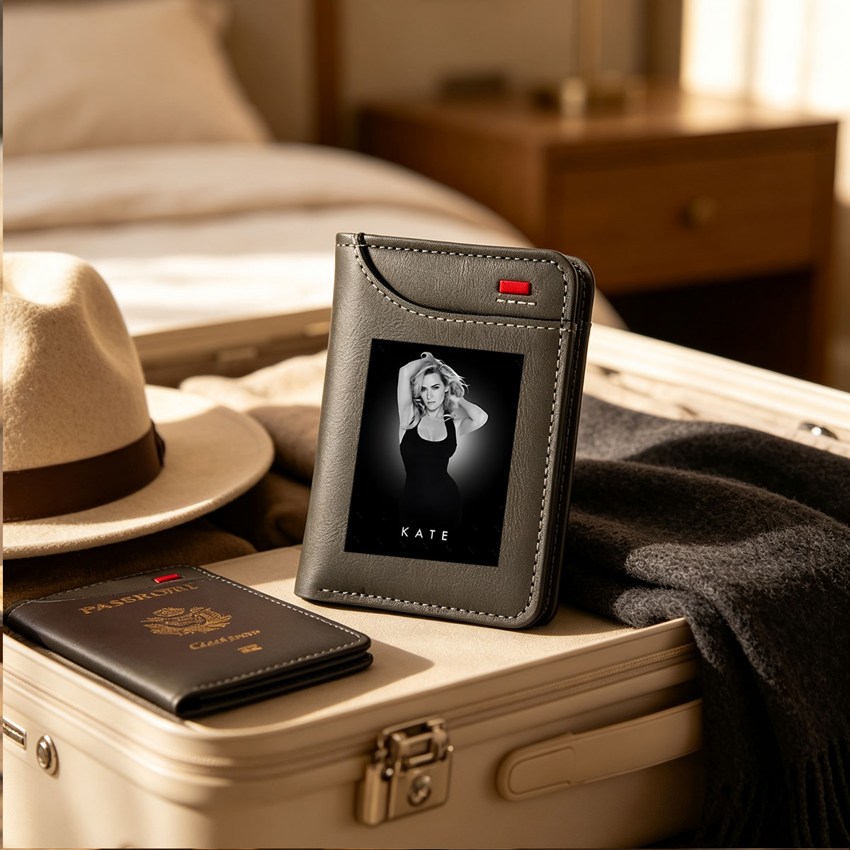 Kate Winslet in a striking black dress, posing with hands in her hair against a dark background. - Vertical Style Wallet