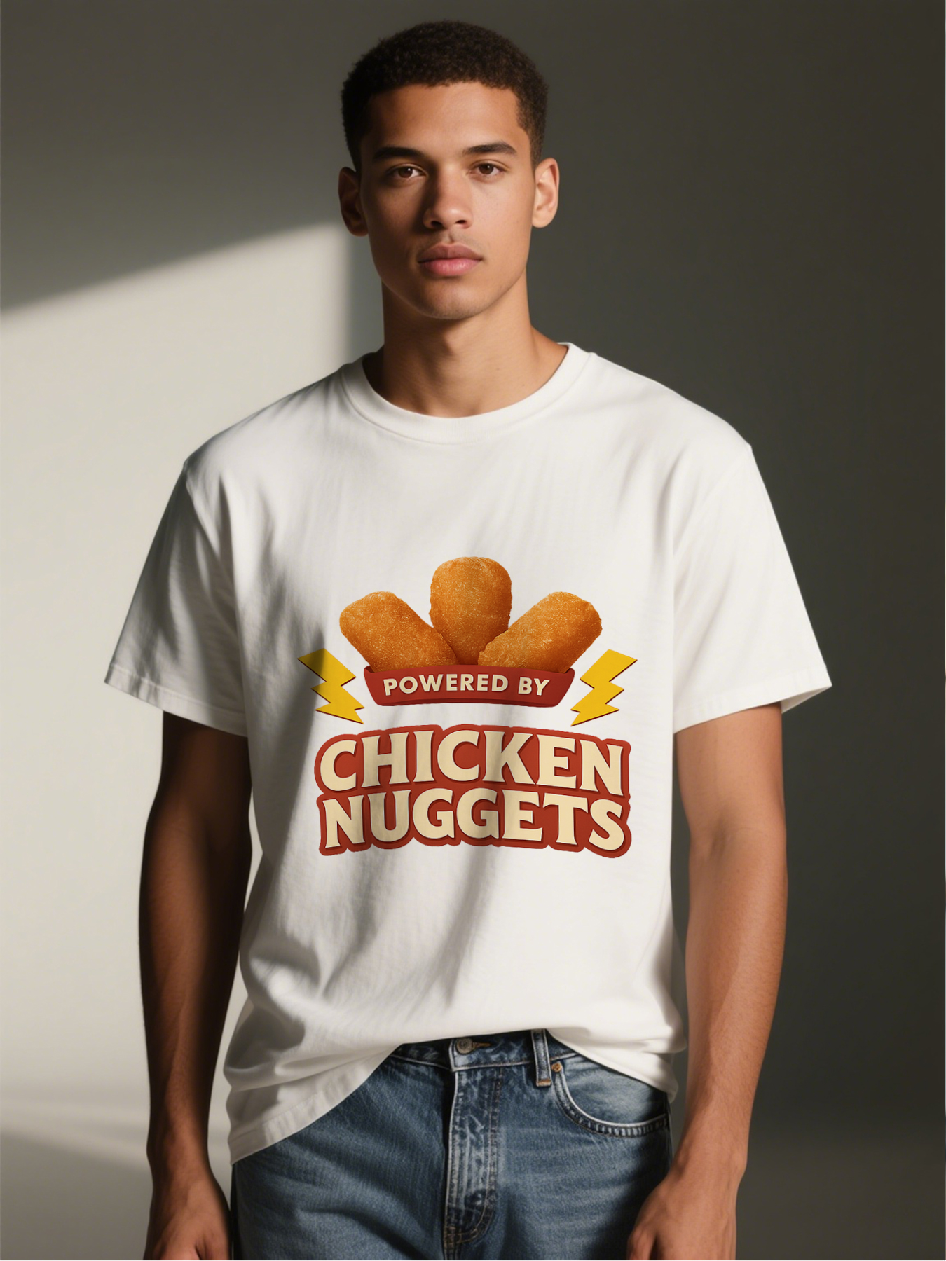 Men's Printed T-Shirt Powered by Chicken Nuggets Graphic Design Casual Round Neck Summer Lightweight Breathable Short Sleeve T-Shirt for Food Lovers and Fun-Loving Adults