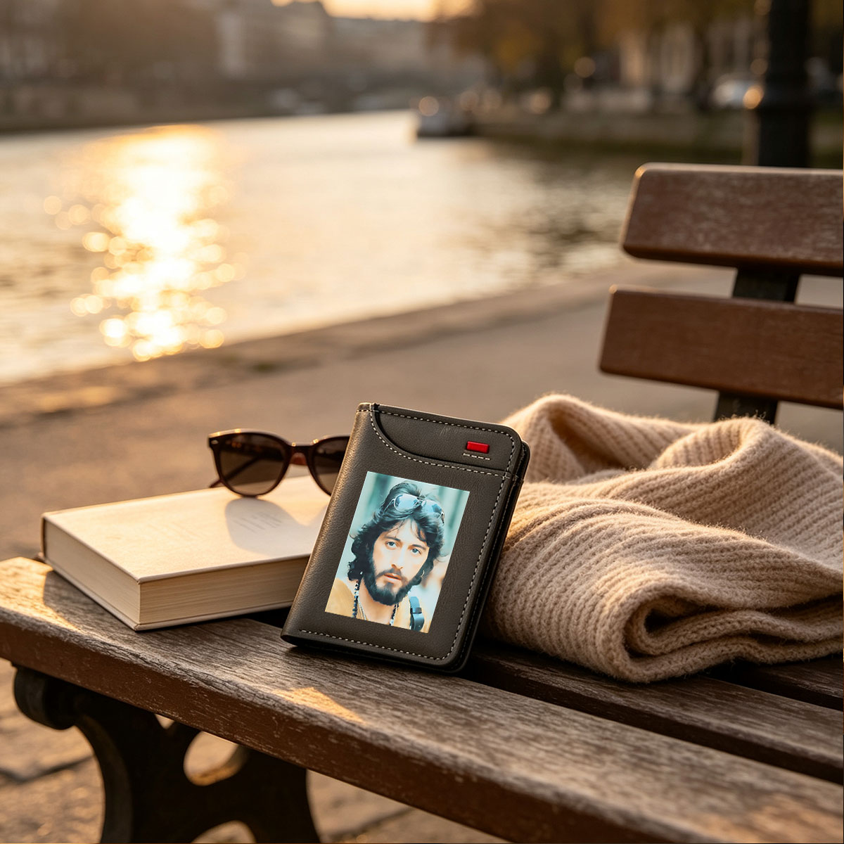 Bob Seger with sunglasses on head, wearing beads and a guitar strap - Vertical Style Wallet