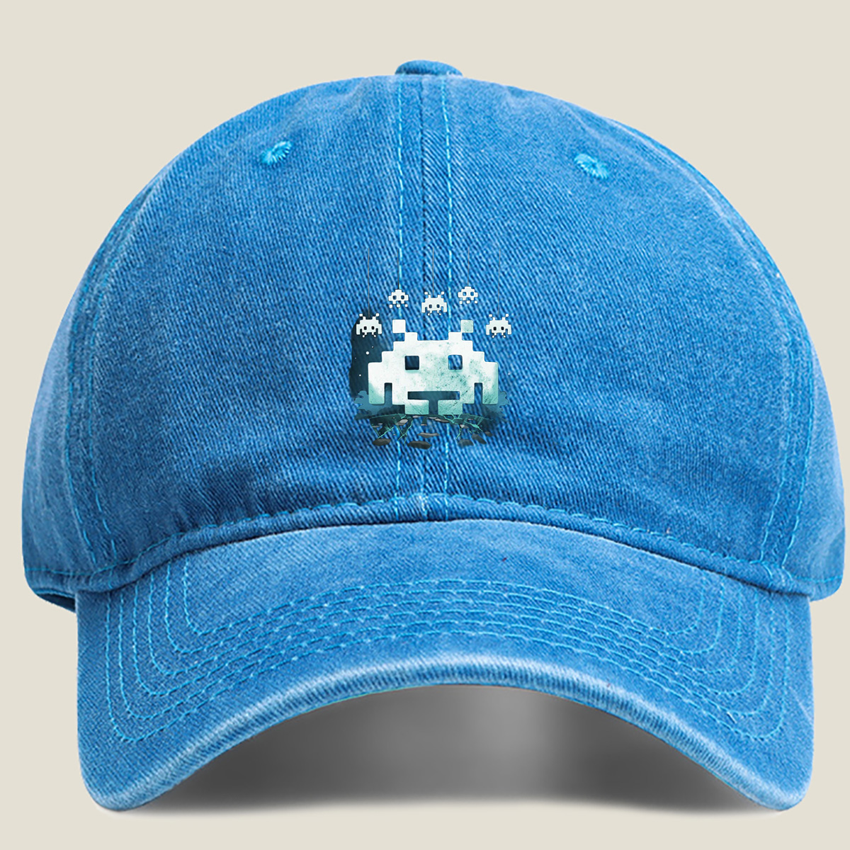Space Invaders: Classic Aliens in Pixel Art - Washed Denim - Baseball Cap