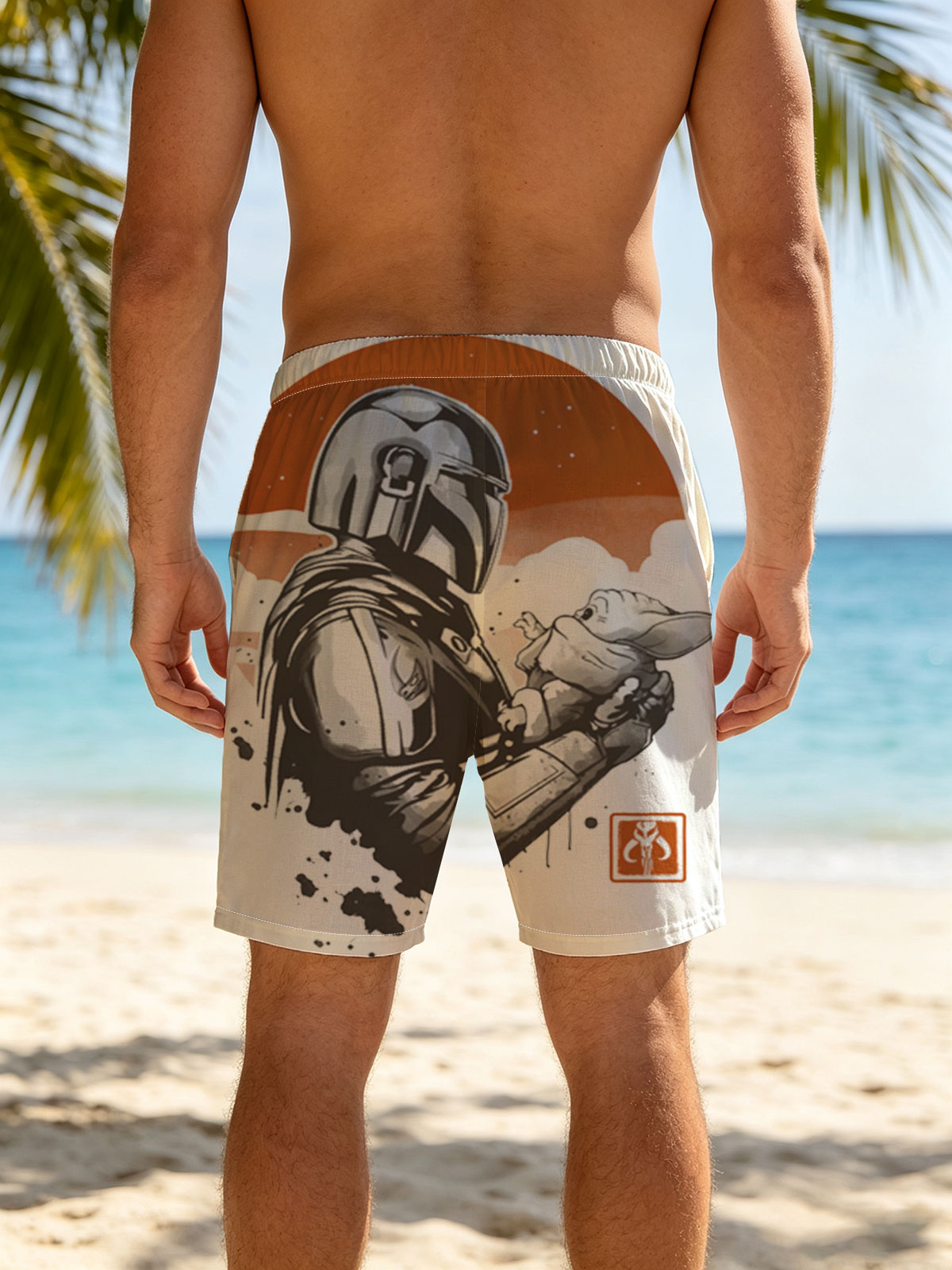 The Mandalorian and Grogu under a twin suns sky -  Beach shorts