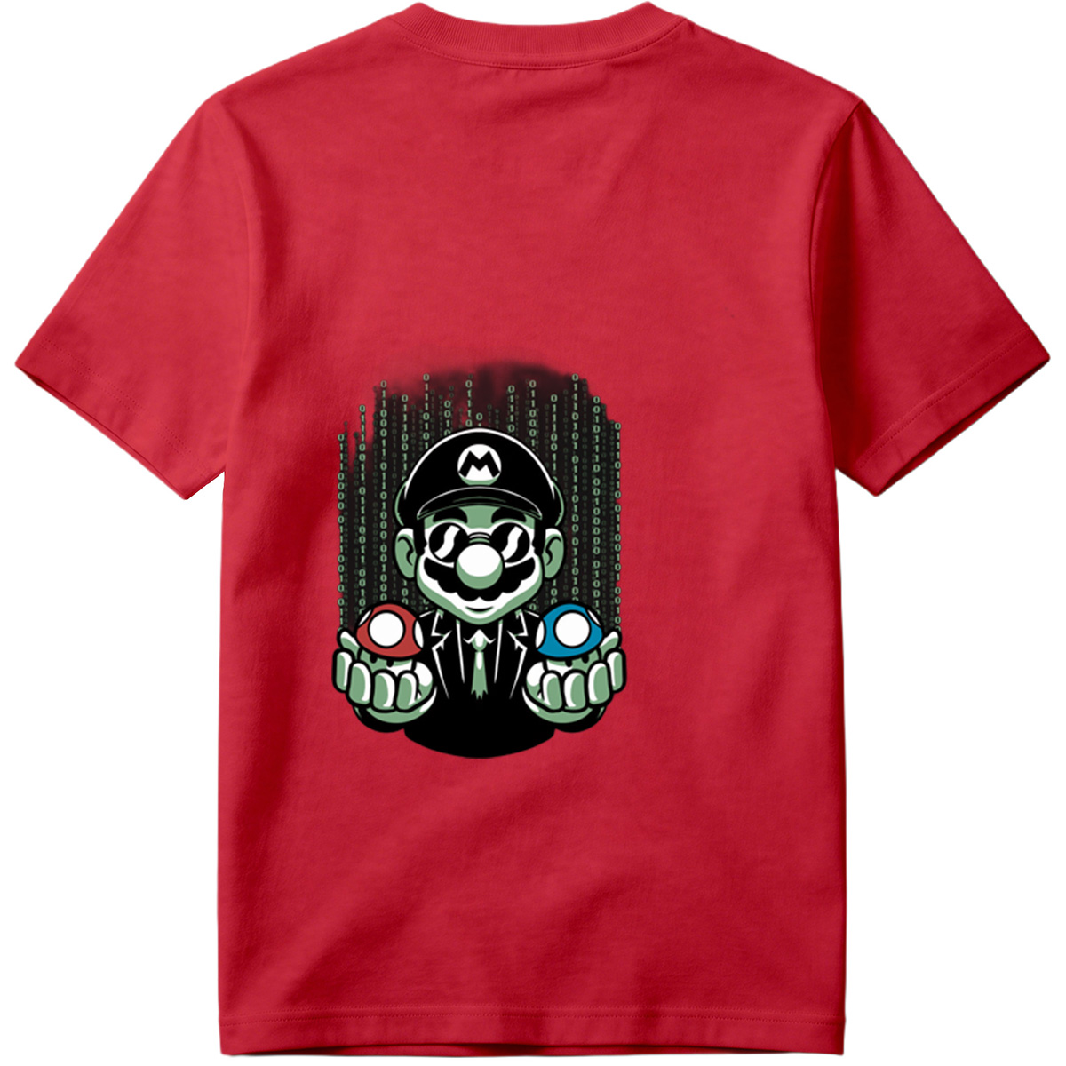 Mario in Matrix Code with Red and Blue Mushrooms - Tee