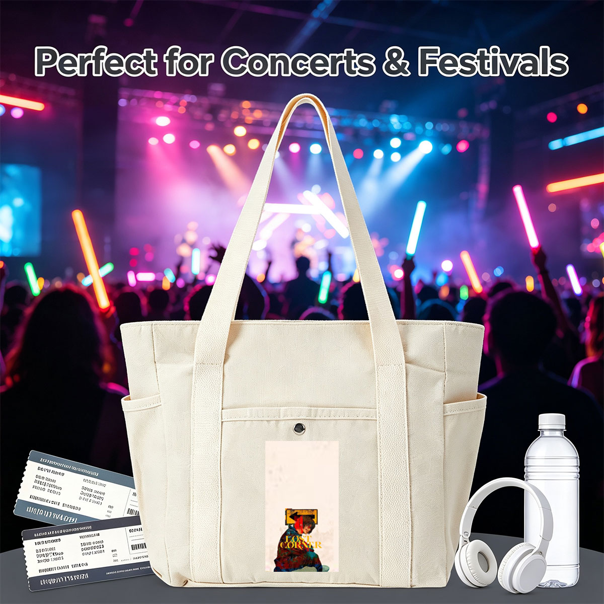 Lost Corner Artist in Colorful Jacket with Arrow Sign and Text Overlay - Multi-pocket bags