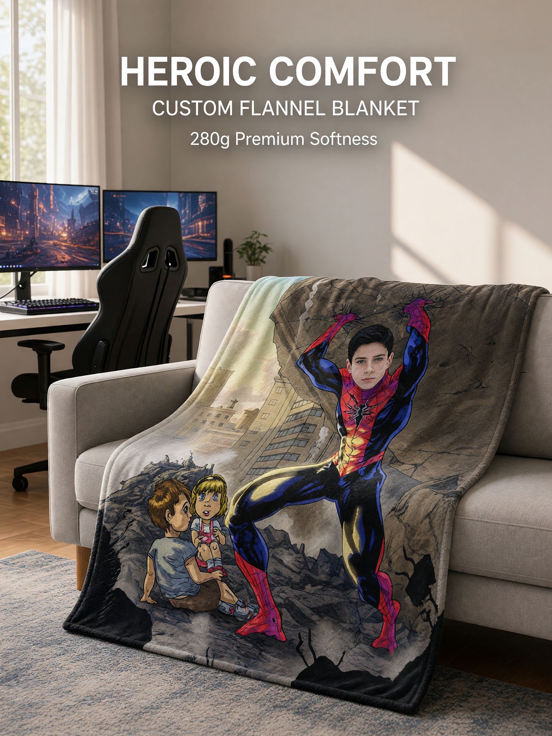Personalized Custom Face Superhero Flannel Blanket Ultra Soft Fleece Throw for Kids and Adults Ideal Cozy Gift
