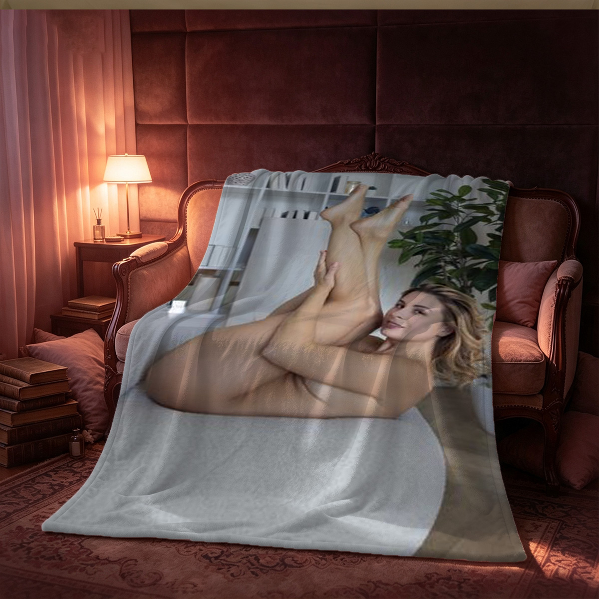 Two elegant women in black dresses and pantyhose posing in a luxurious room. - Blanket