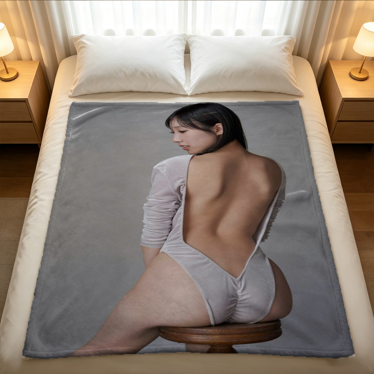 A young Asian woman in a gray top and sheer red panties lies seductively in the open trunk of a car. - Blanket