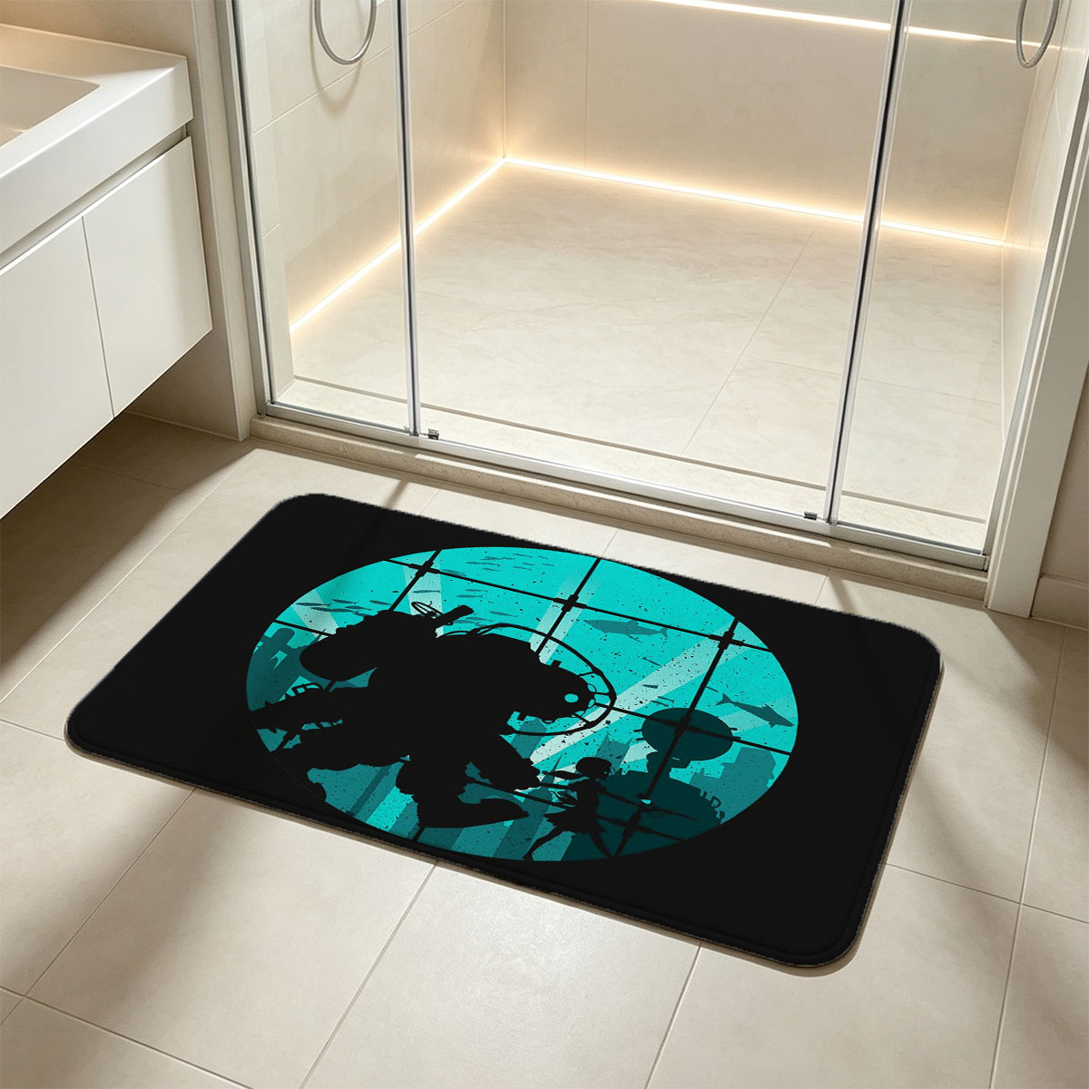 Deep Sea Diver and Child in Underwater City Silhouette - Flannel floor mat