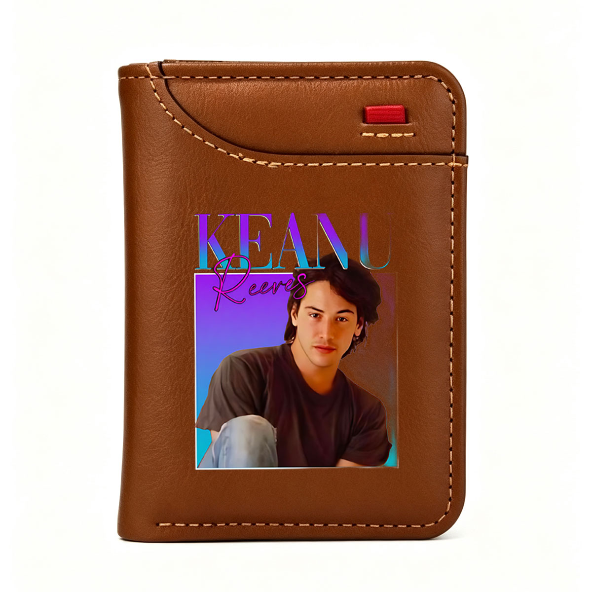 Keanu Reeves Portrait with Vibrant Background and Stylish Text Design - Vertical Style Wallet