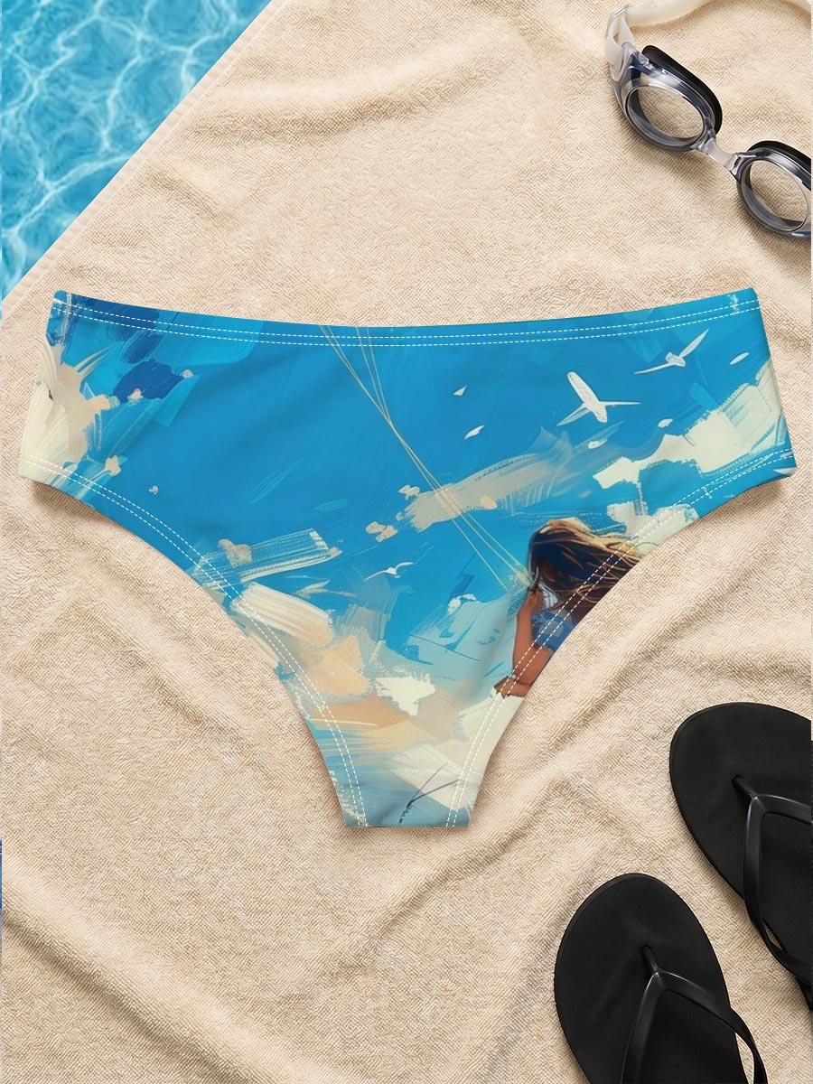 Mother and child flying a kite in a golden field under a vibrant blue sky. -  Men's swim trunks