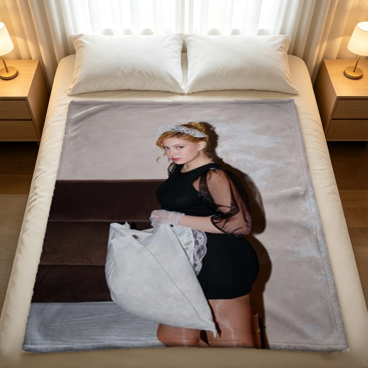 Redhead in white lingerie lying on bed. - Blanket
