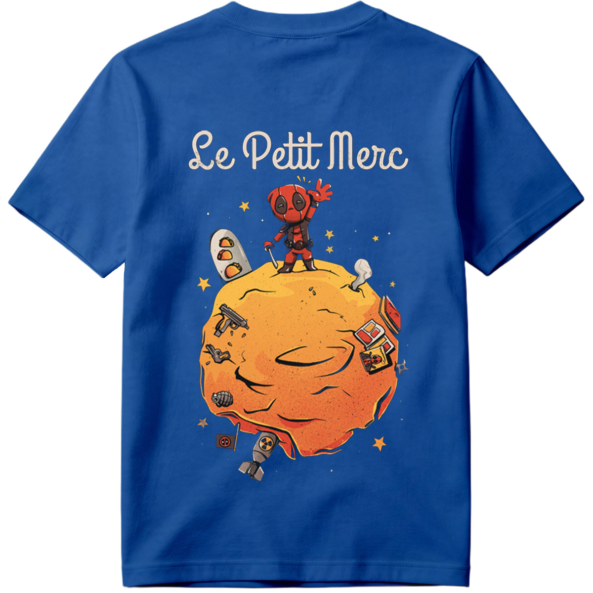 Deadpool on a Planet with Weapons and Space Items - Tee