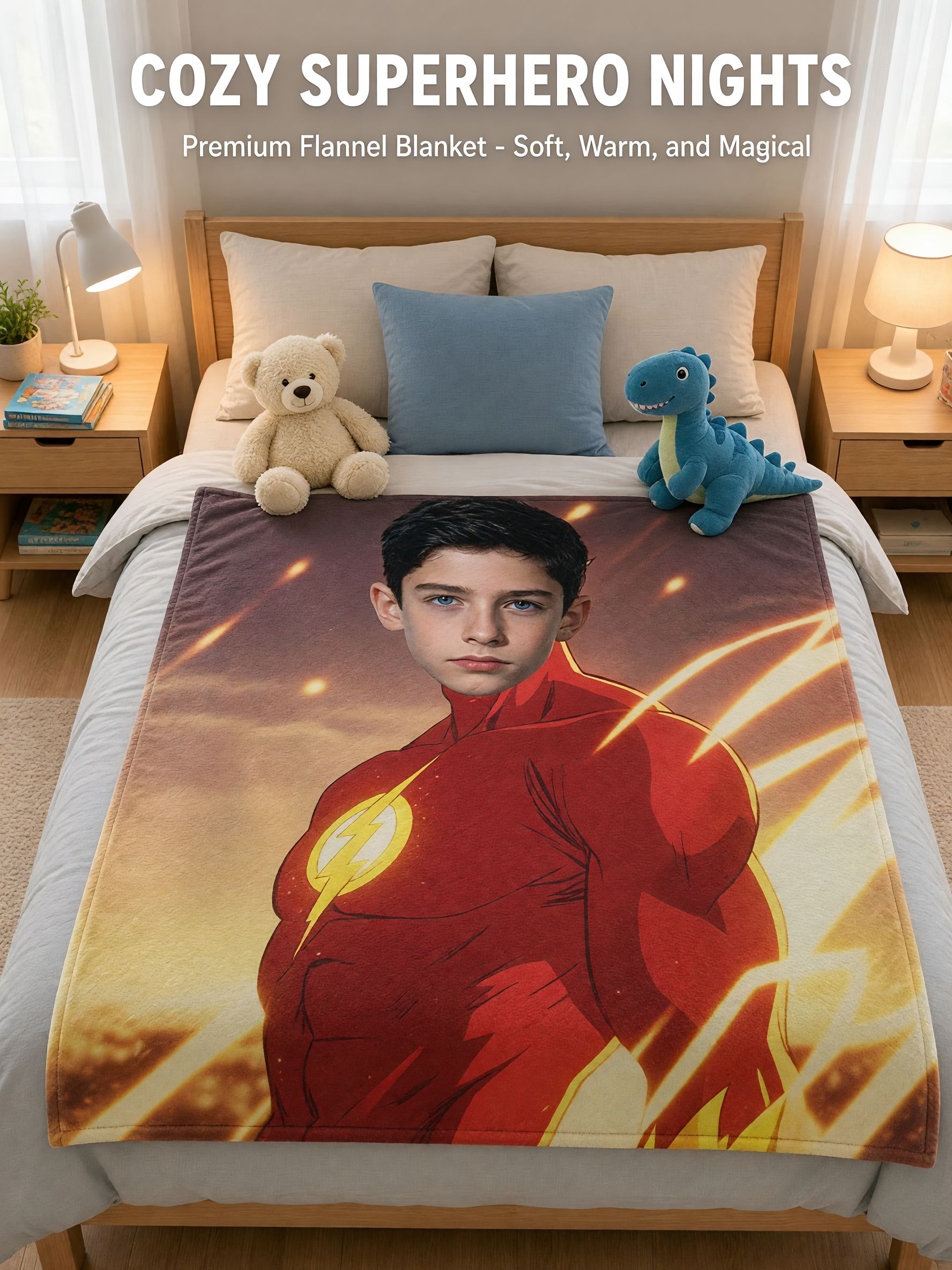 Custom Superhero Face Photo Blanket, Personalized Flannel Fleece Throw, Ultra Soft Cozy Bedding Gift for All Ages