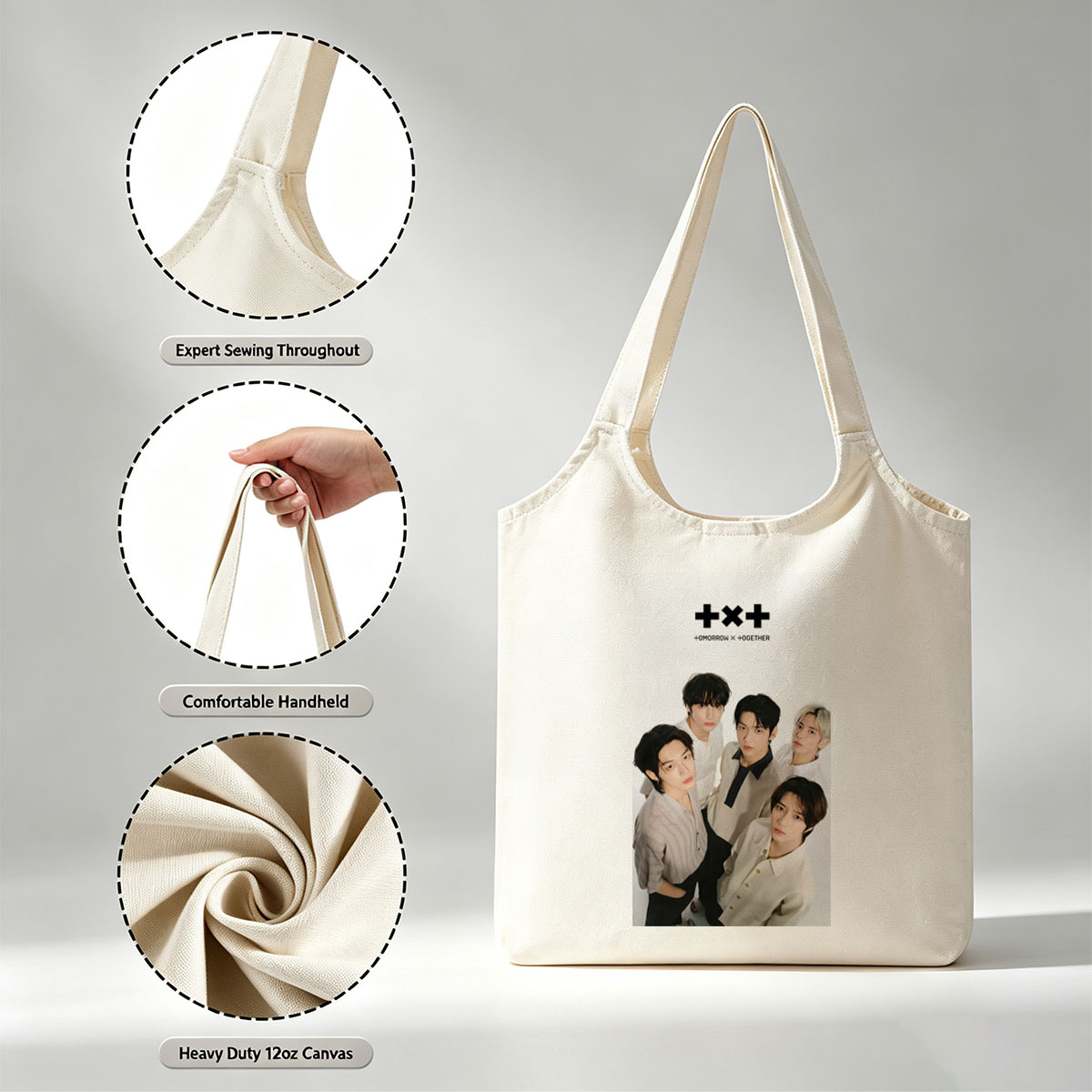 Tomorrow X Together Group Portrait in Minimalist White Outfits on Clean Background - Canvas shoulder bags/
