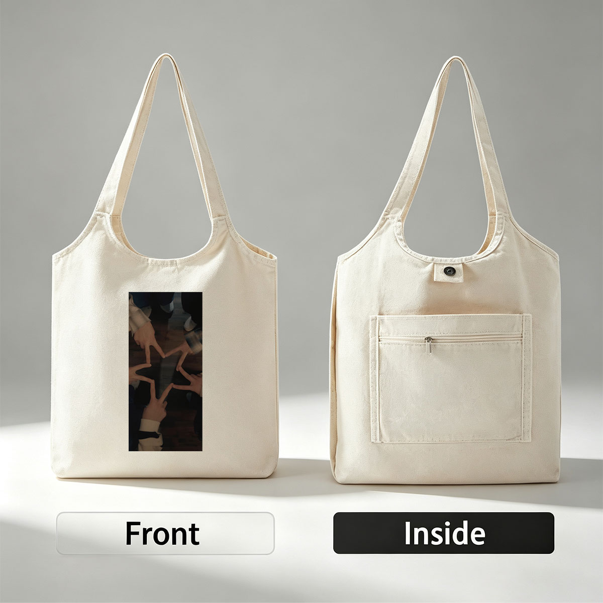 BTS Members Forming a Star with Their Hands on Wooden Floor - Canvas shoulder bags/