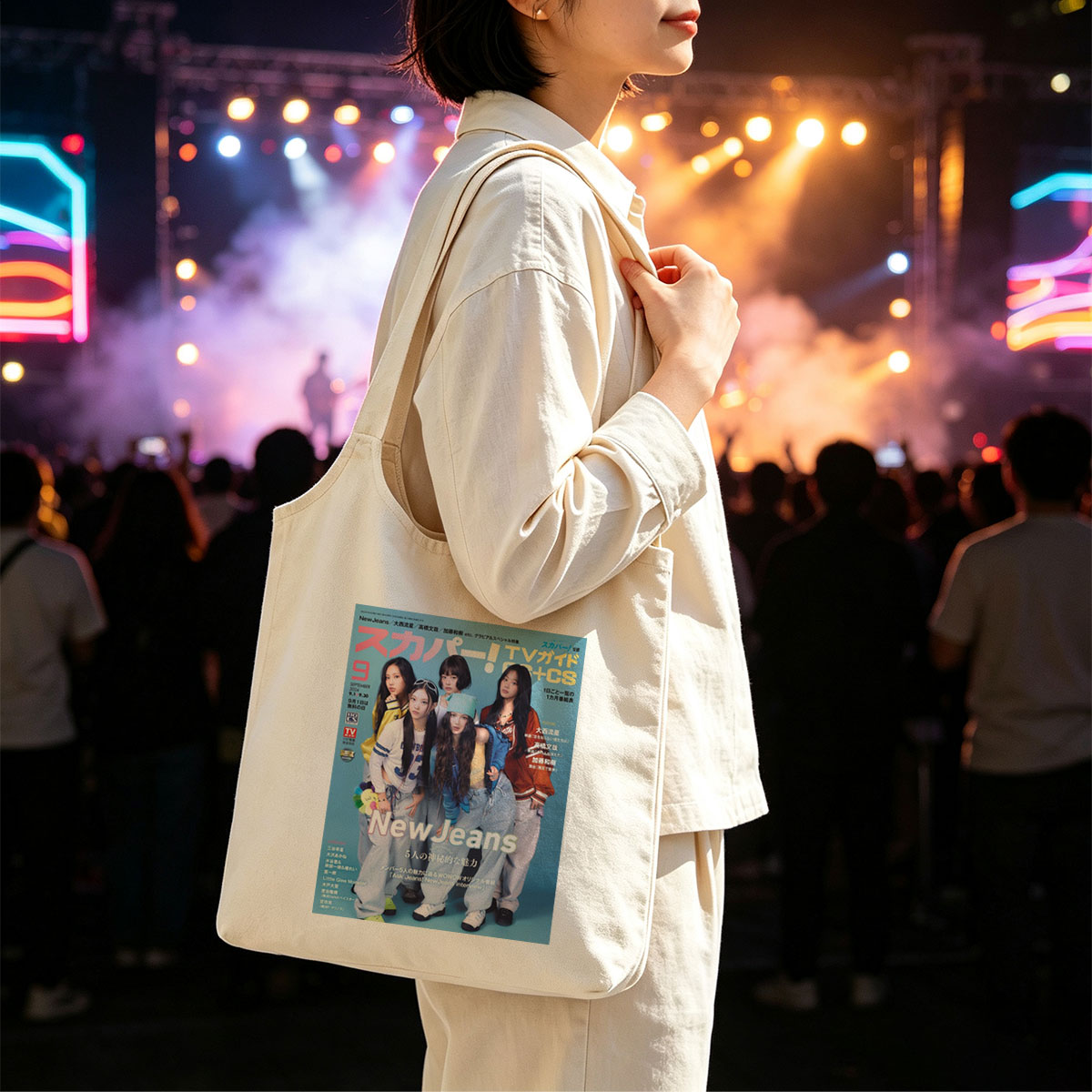 NewJeans on TV Guide Cover Featuring Five Members in Casual Outfits with Blue Background - Canvas shoulder bags/