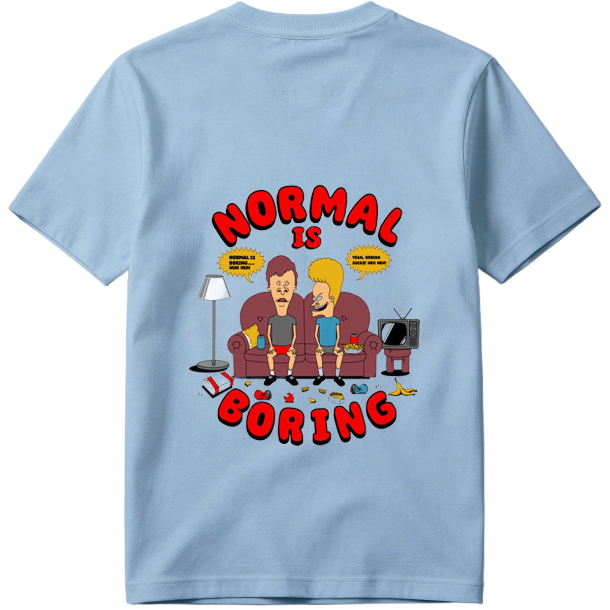 Normal Is Boring: Two Cartoon Characters on Couch with Chaos Around - Tee