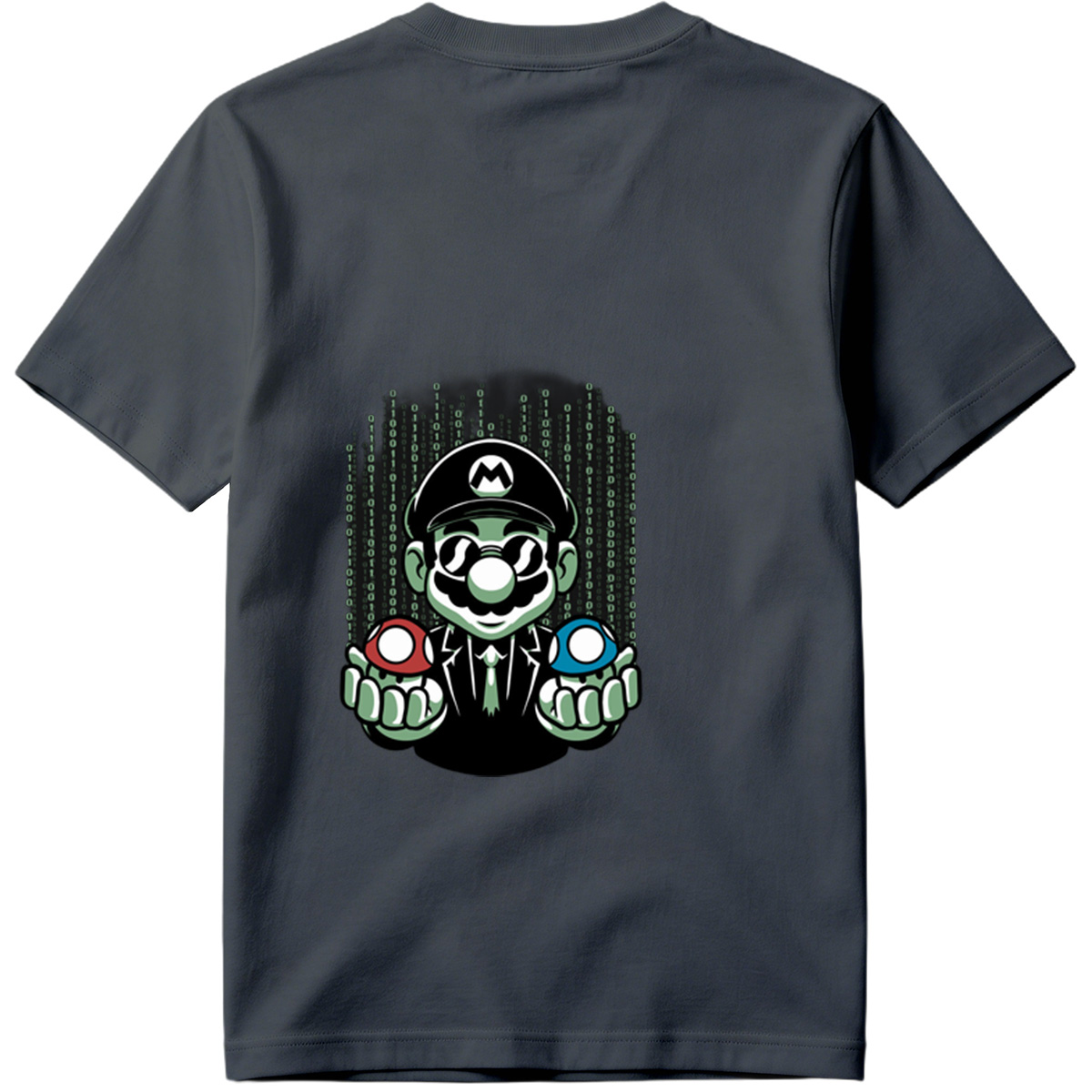 Mario in Matrix Code with Red and Blue Mushrooms - Tee