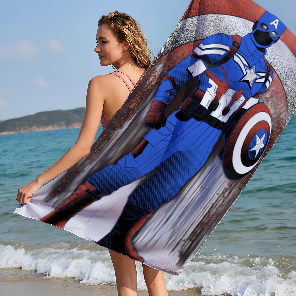 Captain America in Tactical Suit with Shield, Standing Against a Dynamic Red, White, and Blue Background - Beach towels
