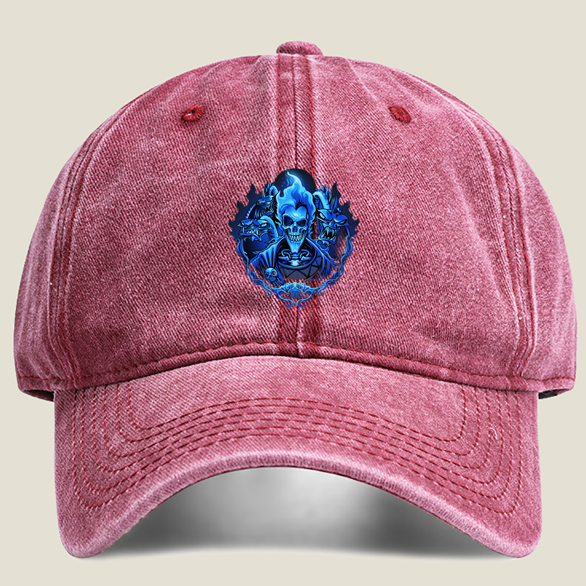 Blue Flame Skull with Demonic Creatures - Washed Denim - Baseball Cap