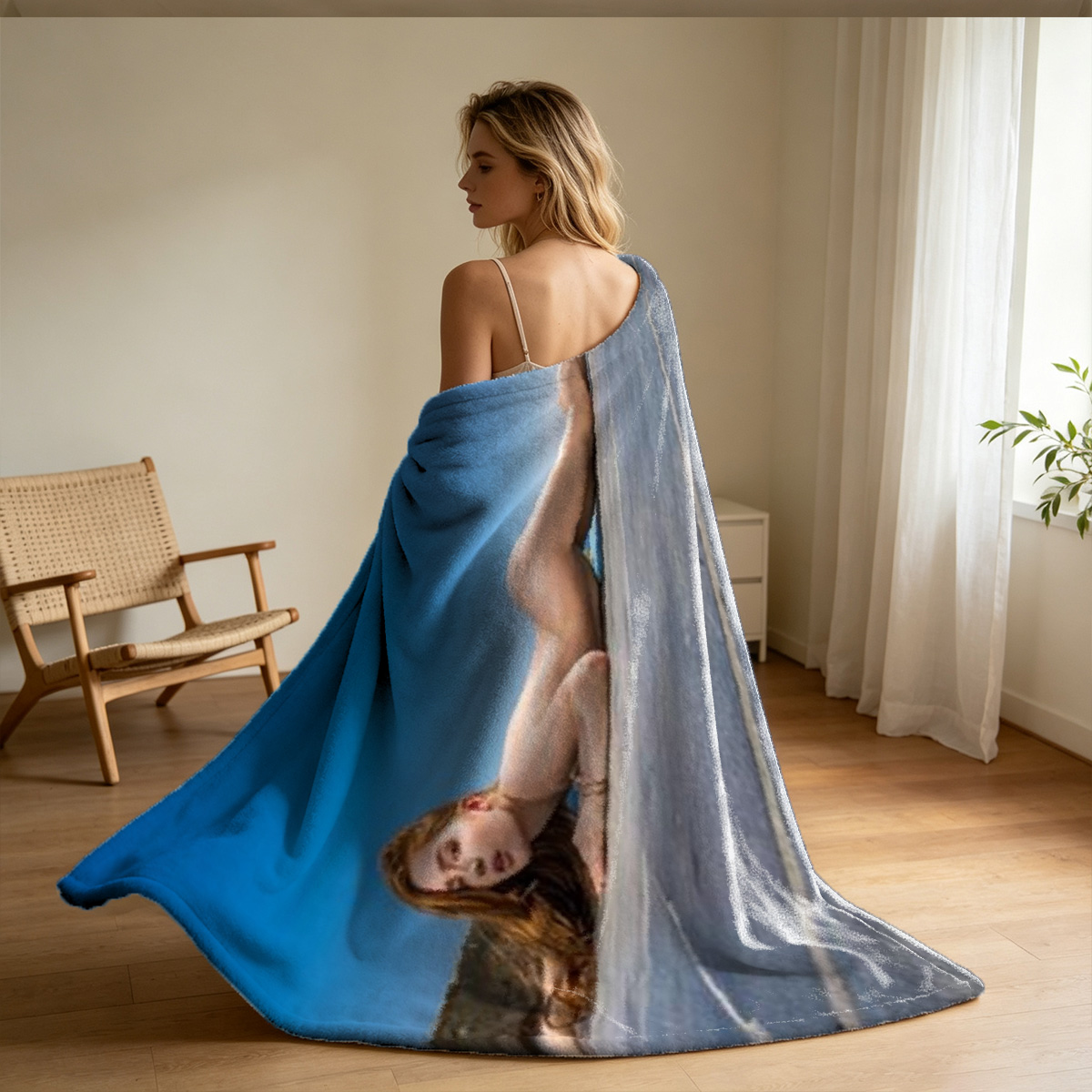 Blonde woman in green lace lingerie set on bed. - Blanket