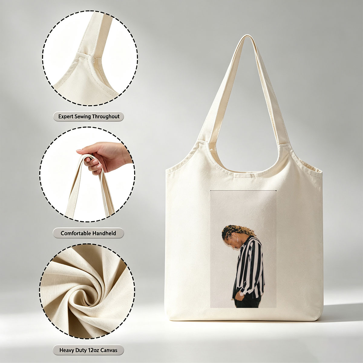 Lil Durk in a Striped Shirt with Braided Hair Against a White Background - Canvas shoulder bags/