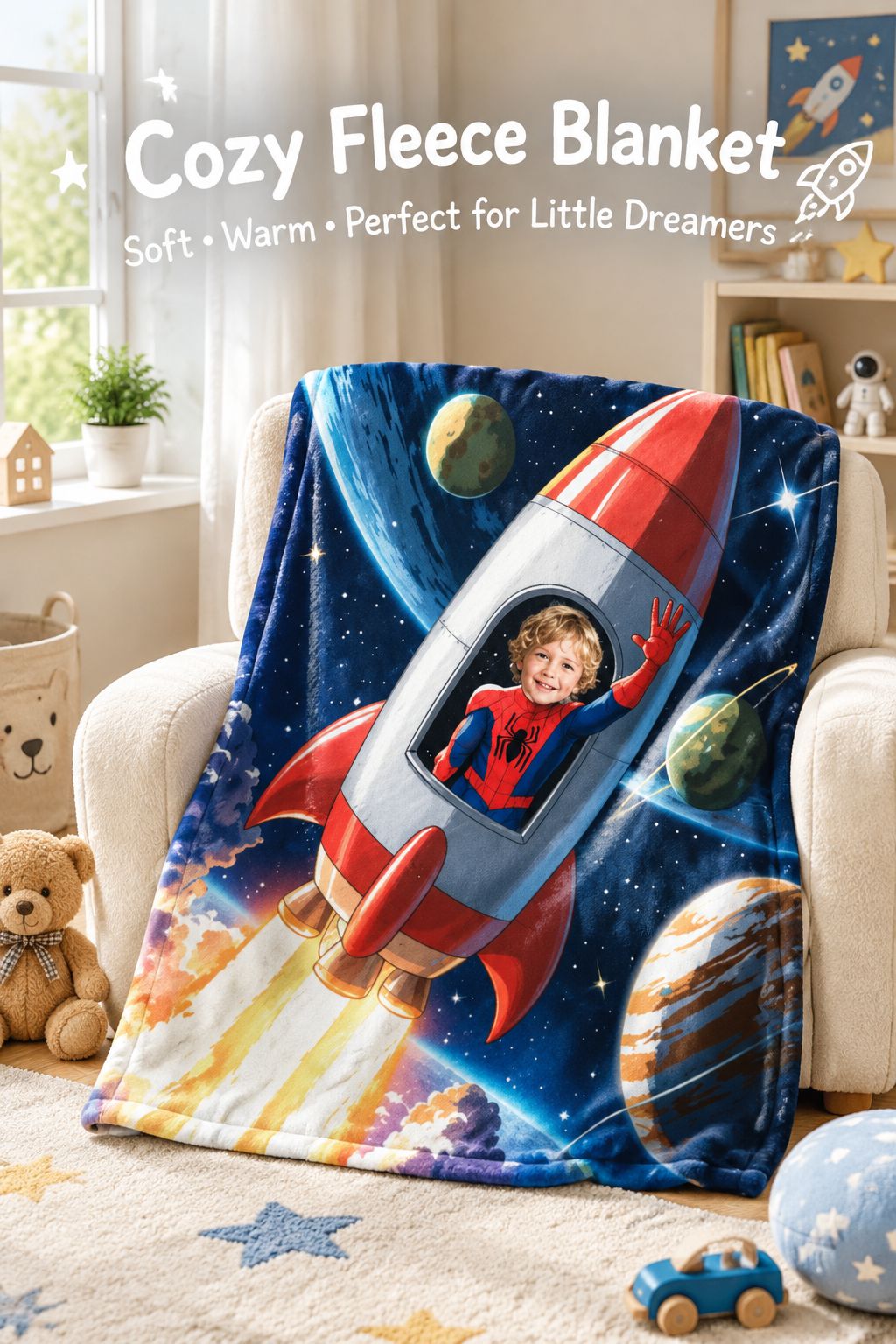 Custom Face Astronaut Rocket Blanket, Personalized Photo Plush Flannel Throw for Kids, Cozy Galaxy Bedding Gift