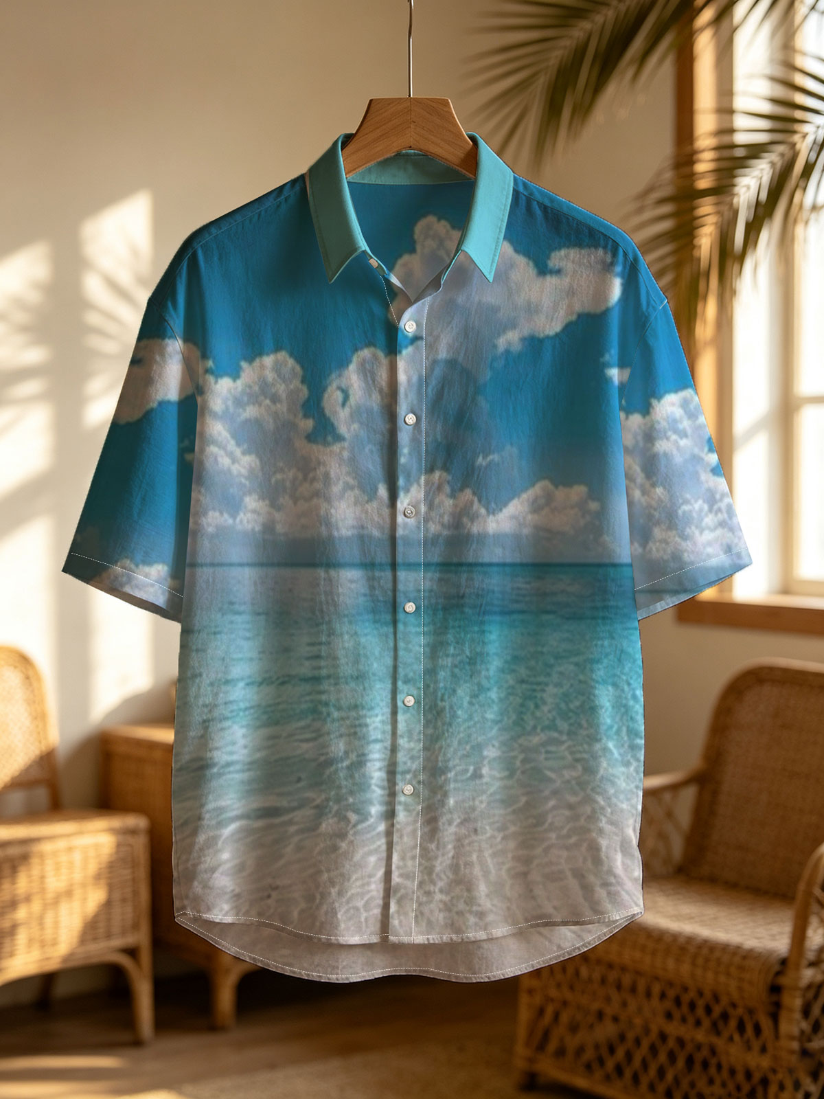 Crystal clear turquoise waters meet soft sandy beach under a vibrant blue sky with fluffy white clouds. -  Shirt