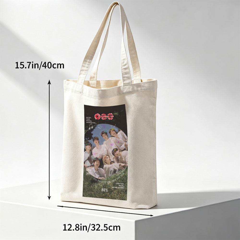 BTS Group Photo on Grass with Dreamy Sky Background and Inspirational Quotes - Canvas tote bags