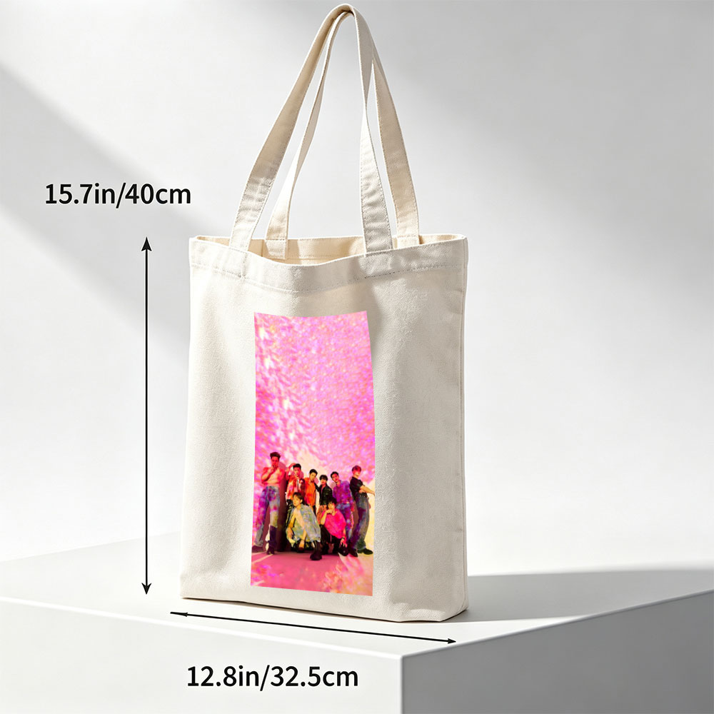 SEVENTEEN in a vibrant pink-lit scene with dynamic poses and colorful outfits - Canvas tote bags